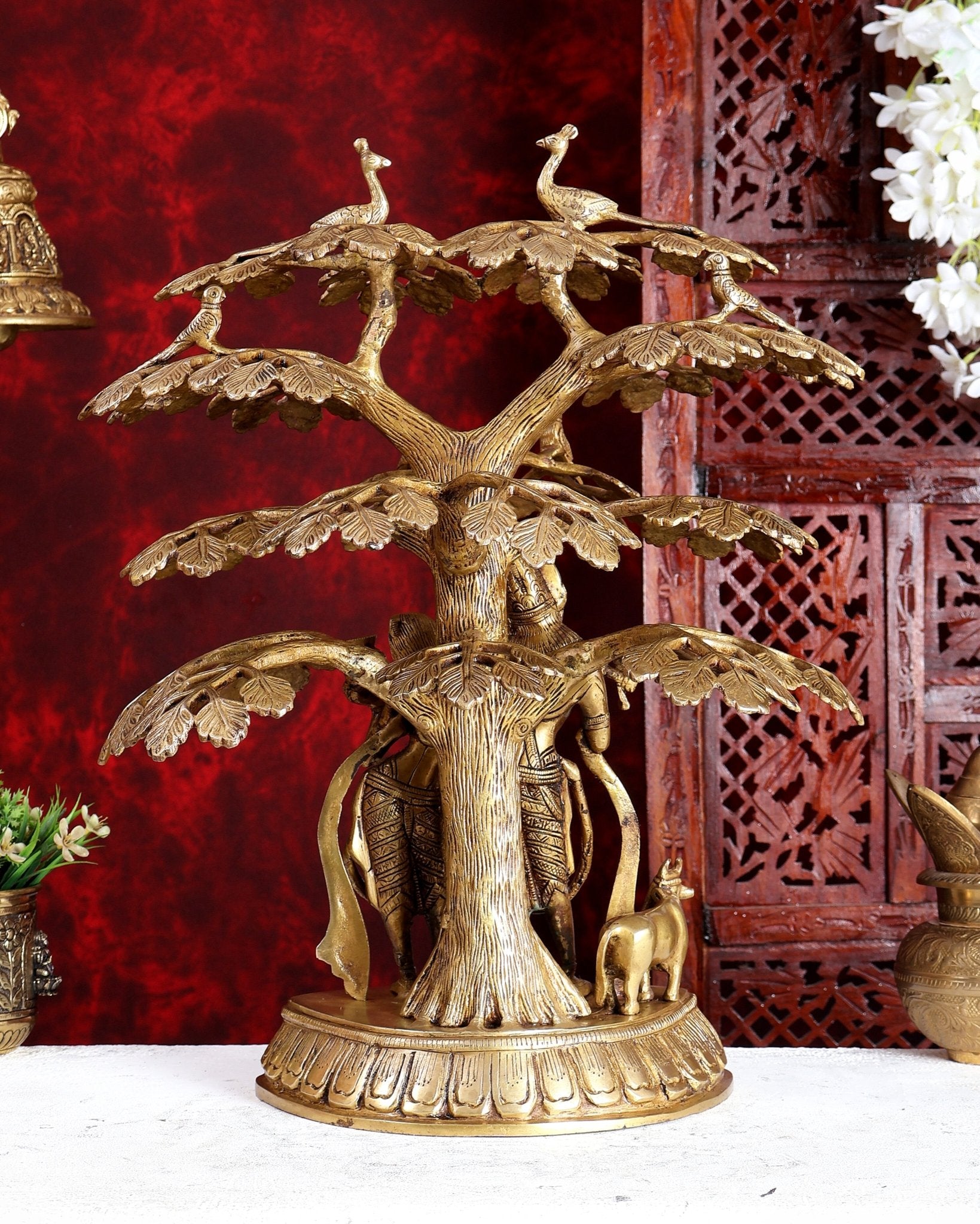 Superfine Brass Radha Krishna Statue with Cow under Tree 20 inch - Budhshiv.com