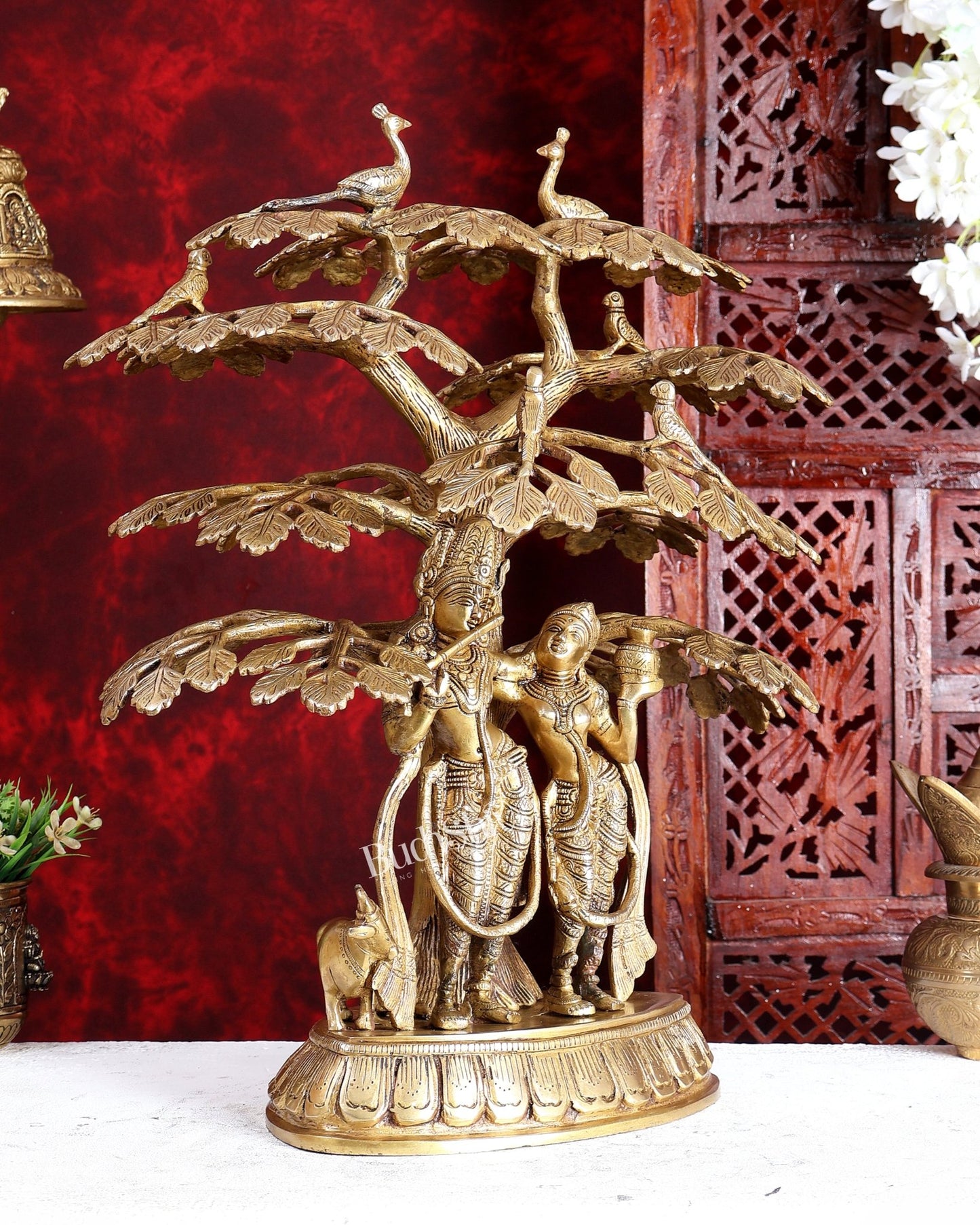 Superfine Brass Radha Krishna Statue with Cow under Tree 20 inch - Budhshiv.com