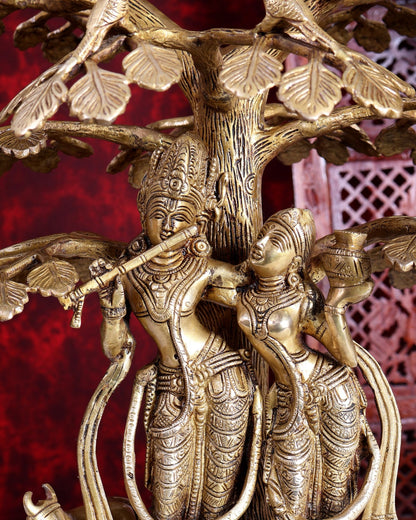 Superfine Brass Radha Krishna Statue with Cow under Tree 20 inch - Budhshiv.com