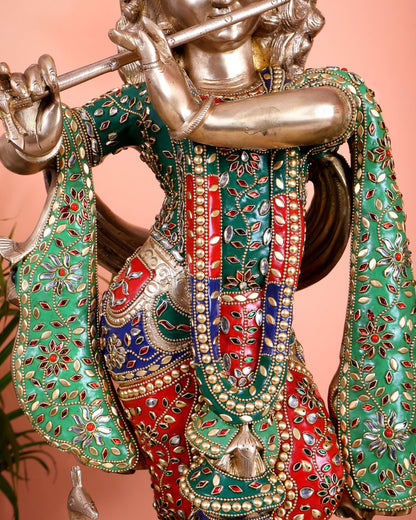 Superfine Brass Radha Krishna statues with Meenakari Stonework 27" - Budhshiv.com