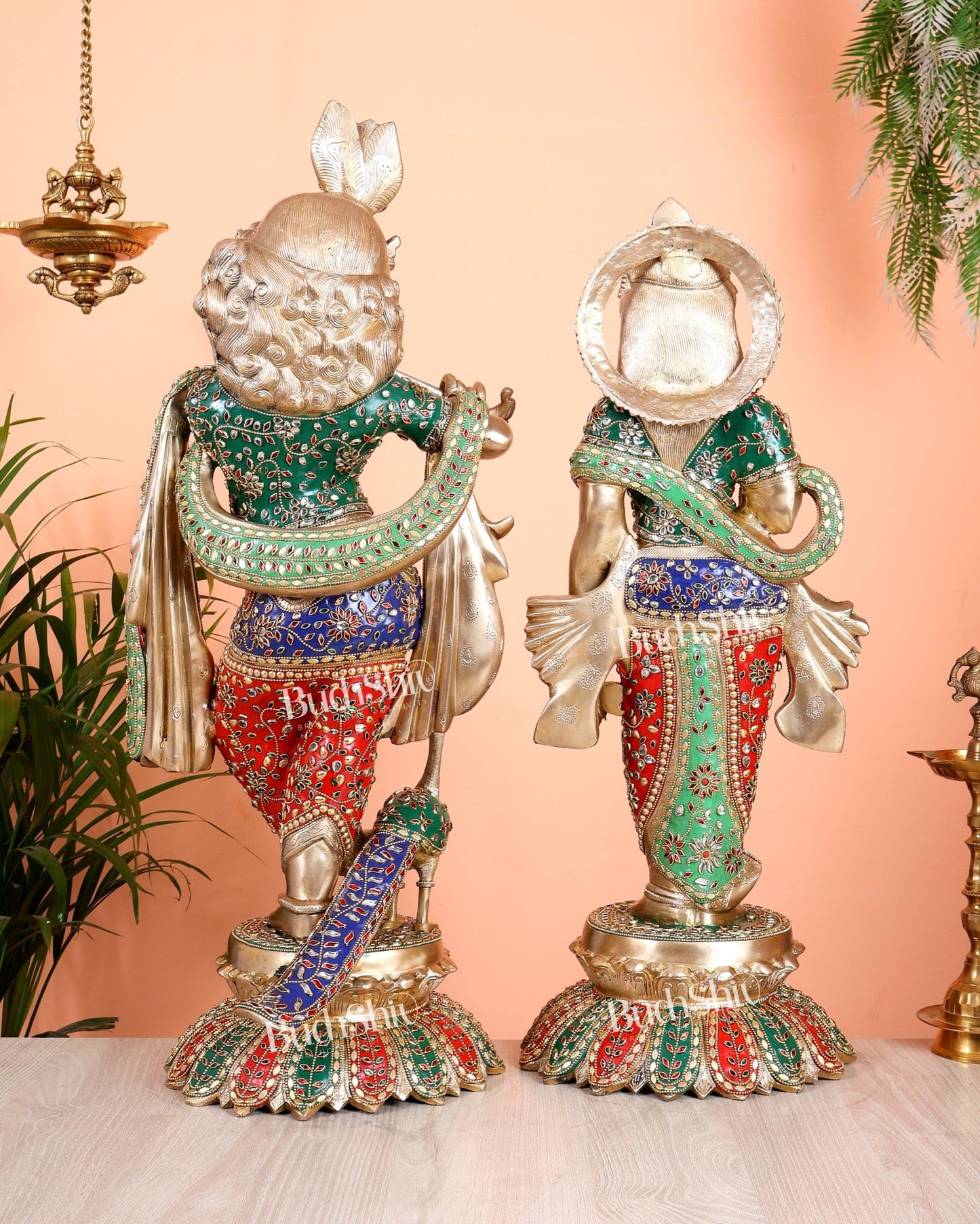 Superfine Brass Radha Krishna statues with Meenakari Stonework 27" - Budhshiv.com