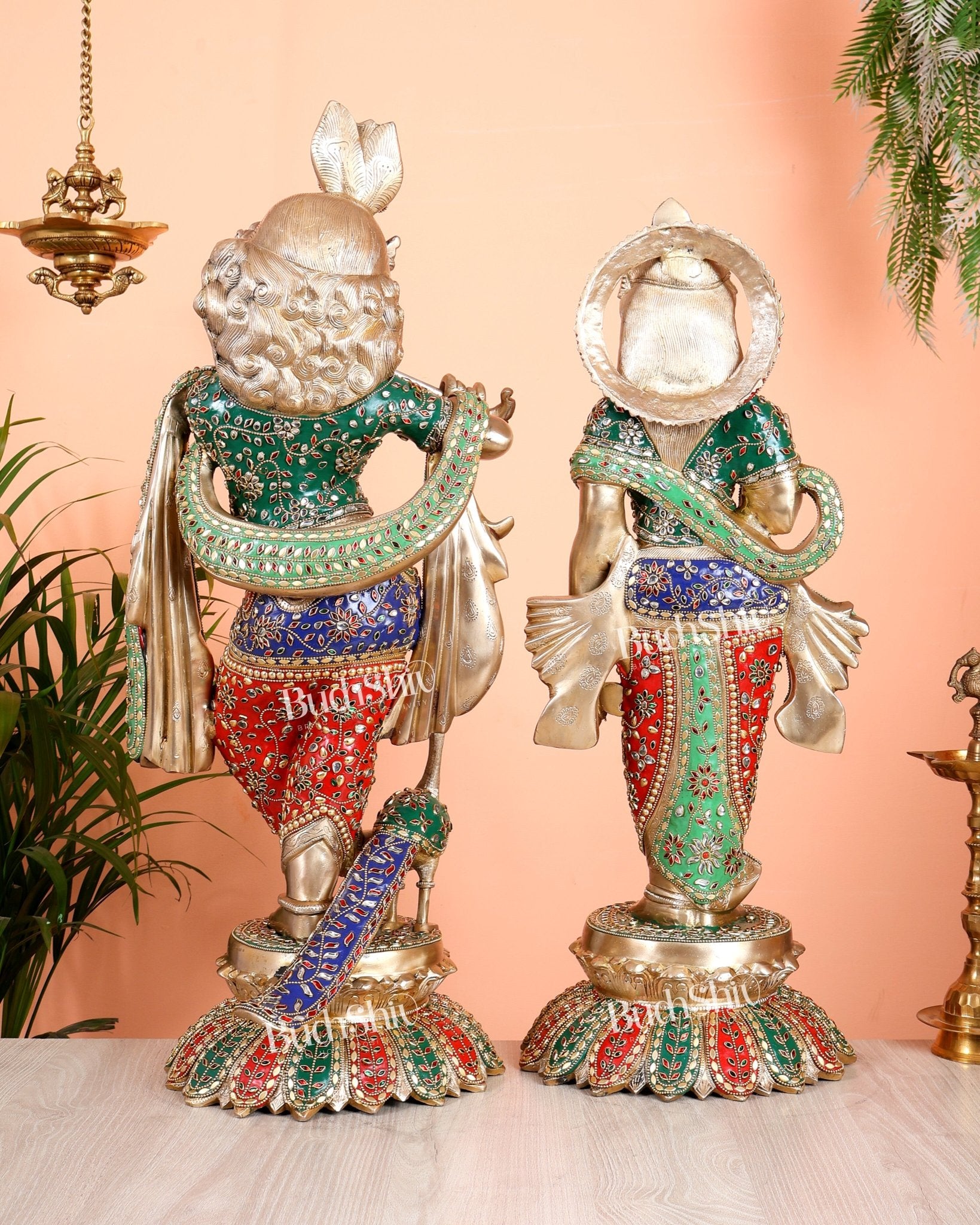 Superfine Brass Radha Krishna statues with Meenakari Stonework 27" - Budhshiv.com