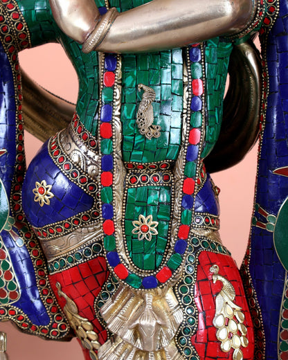Superfine Brass Radha Krishna statues with Meenakari Stonework 27" - Budhshiv.com