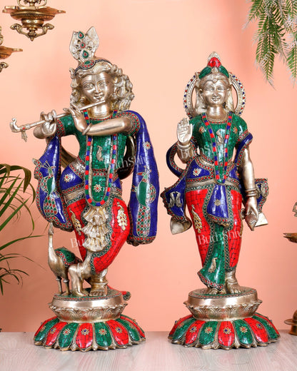 Superfine Brass Radha Krishna statues with Meenakari Stonework 27" - Budhshiv.com