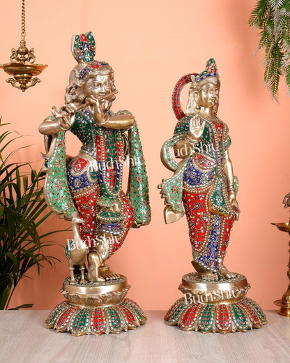Superfine Brass Radha Krishna statues with Meenakari Stonework 27" - Budhshiv.com