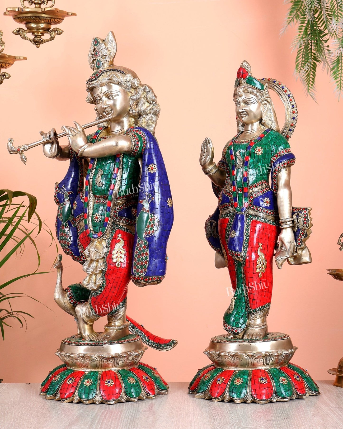Superfine Brass Radha Krishna statues with Meenakari Stonework 27" - Budhshiv.com