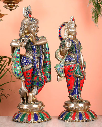 Superfine Brass Radha Krishna statues with Meenakari Stonework 27" - Budhshiv.com