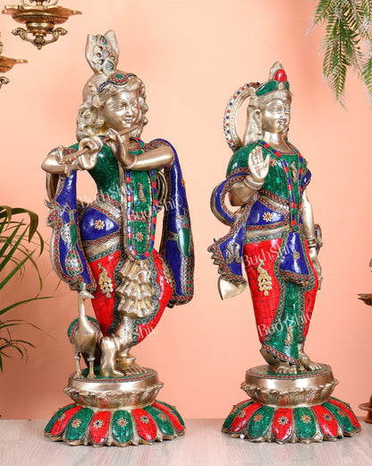 Superfine Brass Radha Krishna statues with Meenakari Stonework 27" - Budhshiv.com