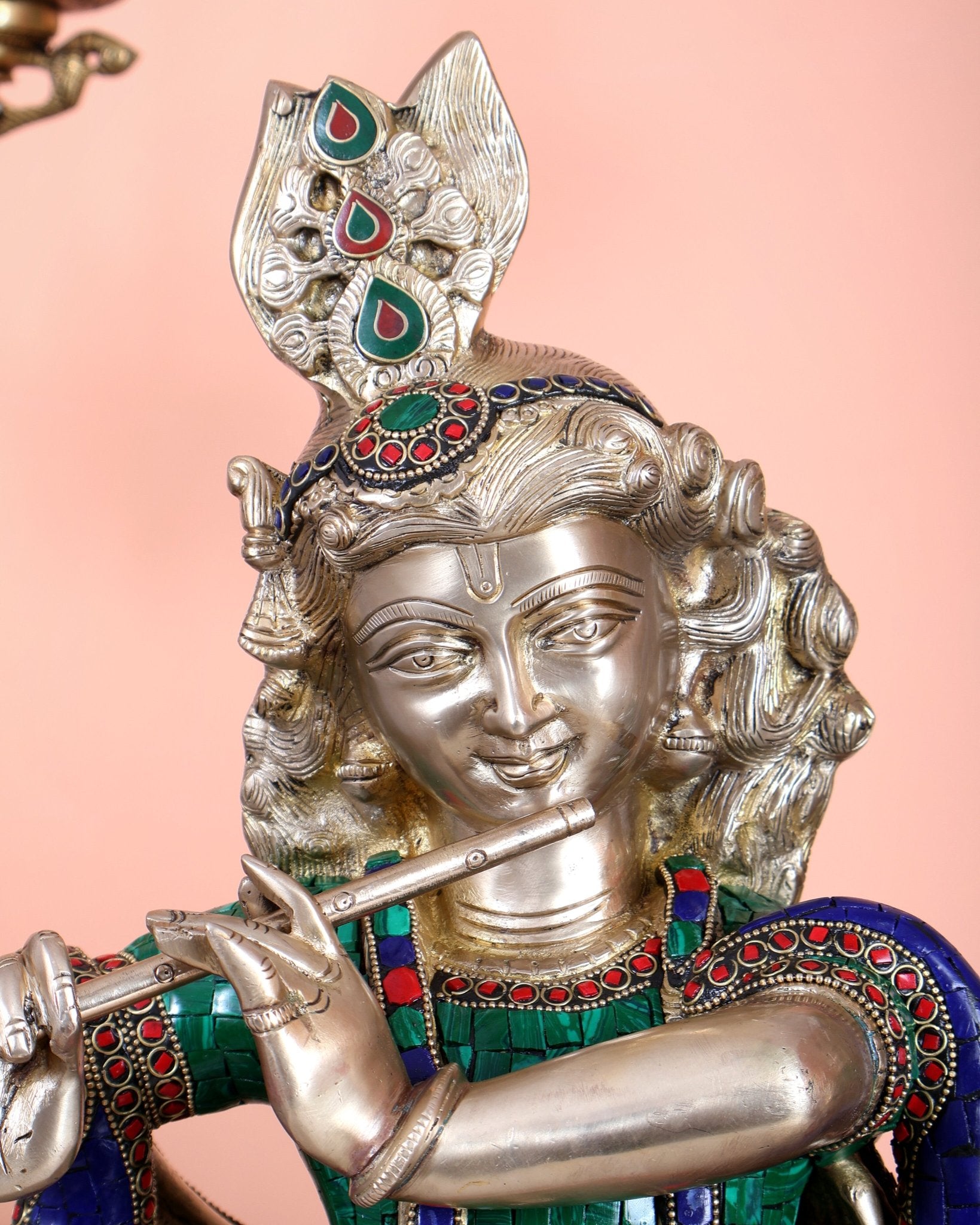 Superfine Brass Radha Krishna statues with Meenakari Stonework 27" - Budhshiv.com