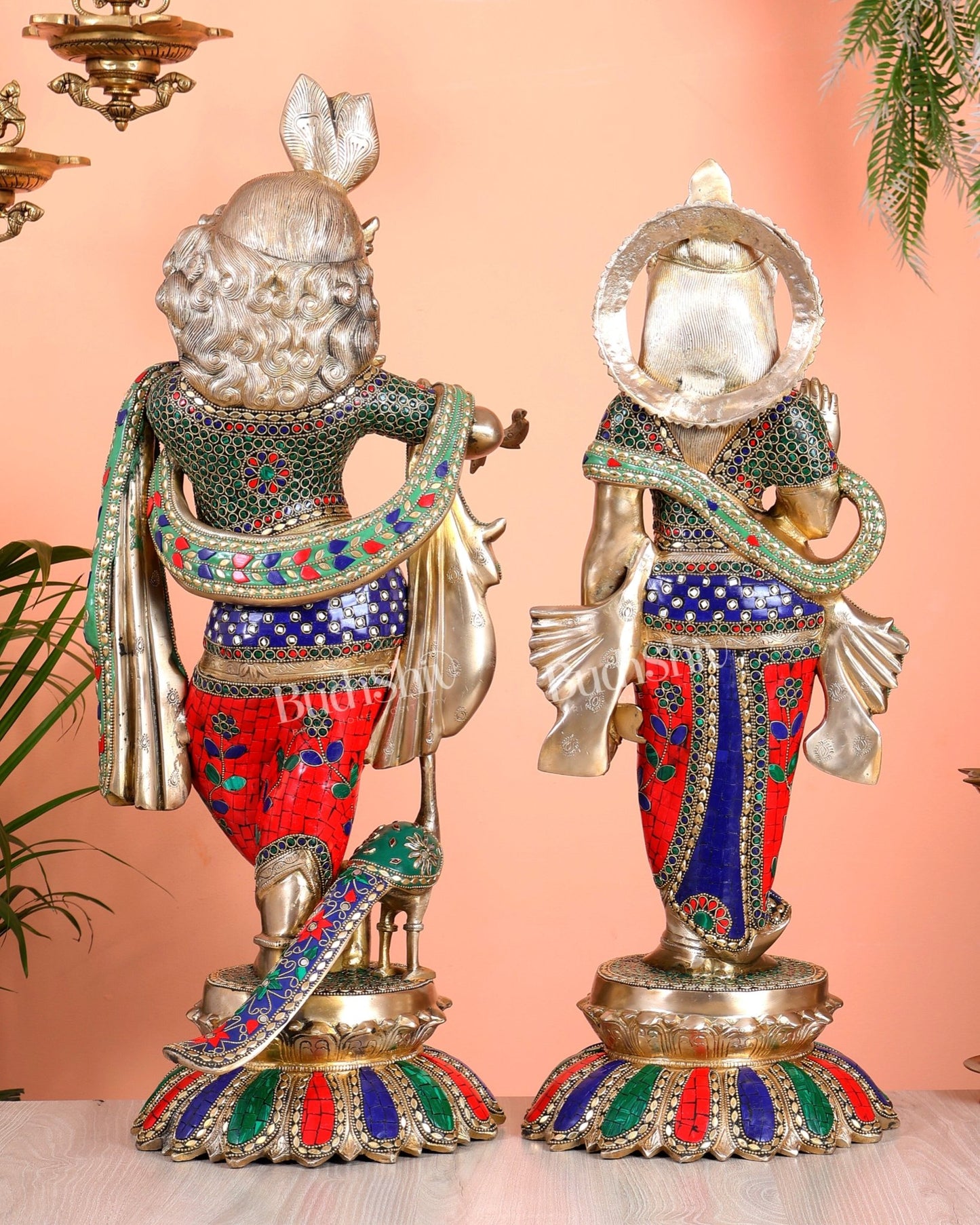Superfine Brass Radha Krishna statues with Meenakari Stonework 27" - Budhshiv.com