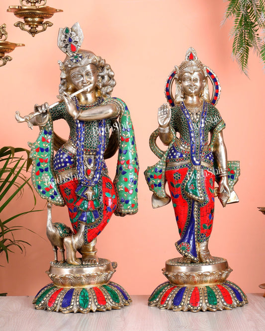 Superfine Brass Radha Krishna statues with Meenakari Stonework 27" - Budhshiv.com