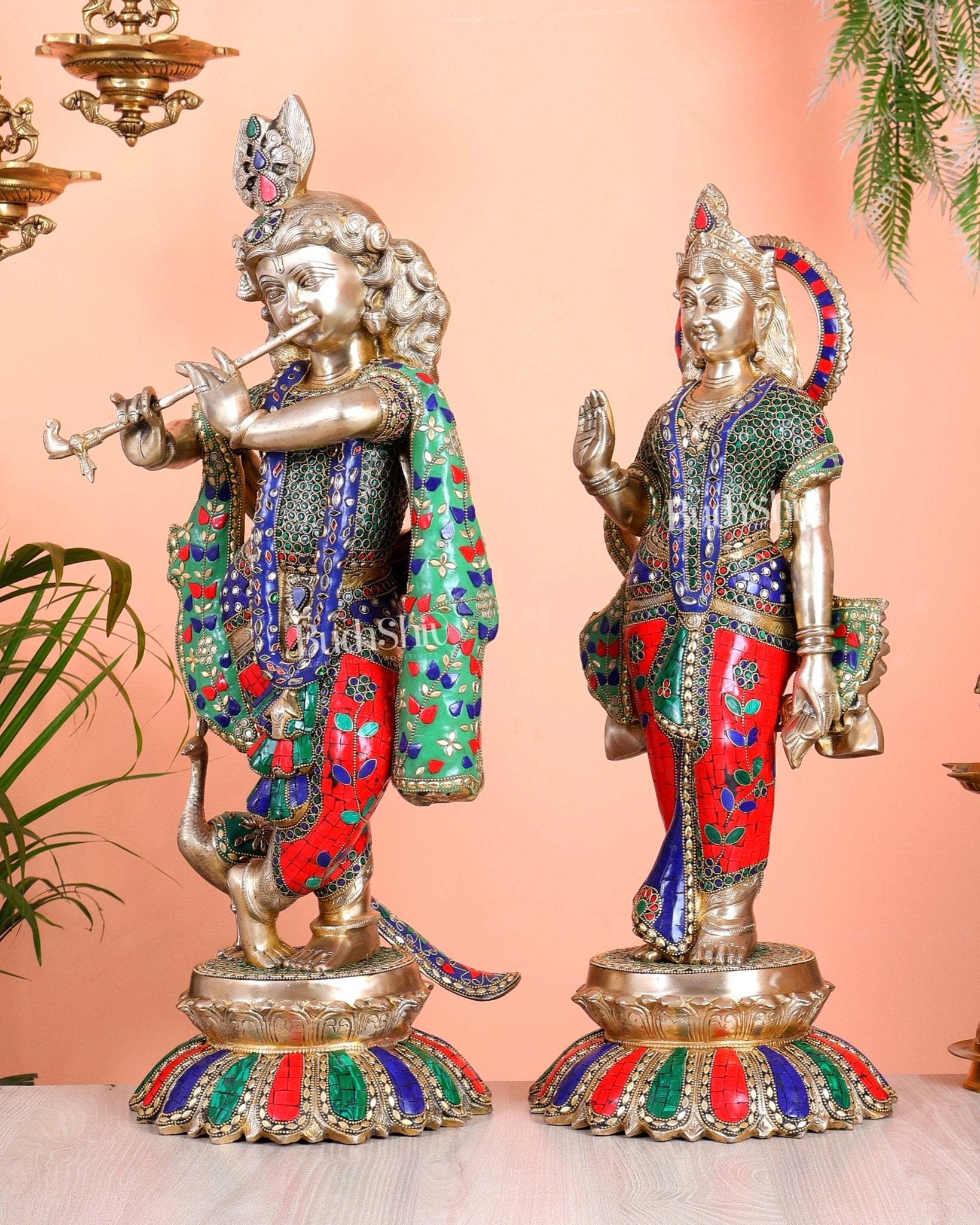 Superfine Brass Radha Krishna statues with Meenakari Stonework 27" - Budhshiv.com