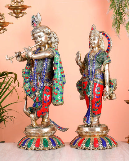 Superfine Brass Radha Krishna statues with Meenakari Stonework 27" - Budhshiv.com