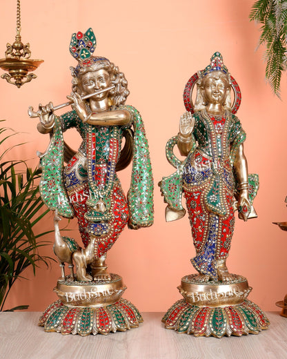 Superfine Brass Radha Krishna statues with Meenakari Stonework 27" - Budhshiv.com