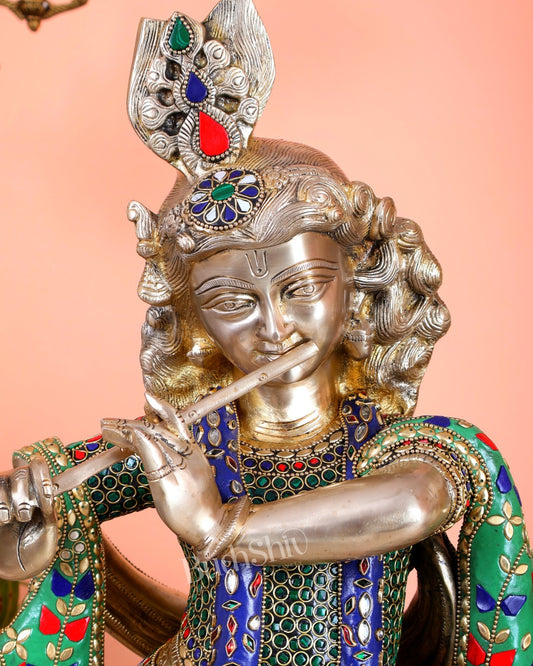 Superfine Brass Radha Krishna statues with Meenakari Stonework 27" - Budhshiv.com