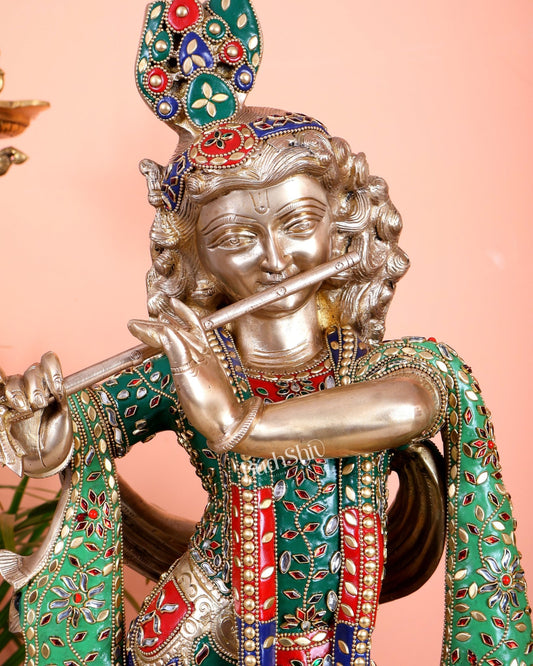 Superfine Brass Radha Krishna statues with Meenakari Stonework 27" - Budhshiv.com