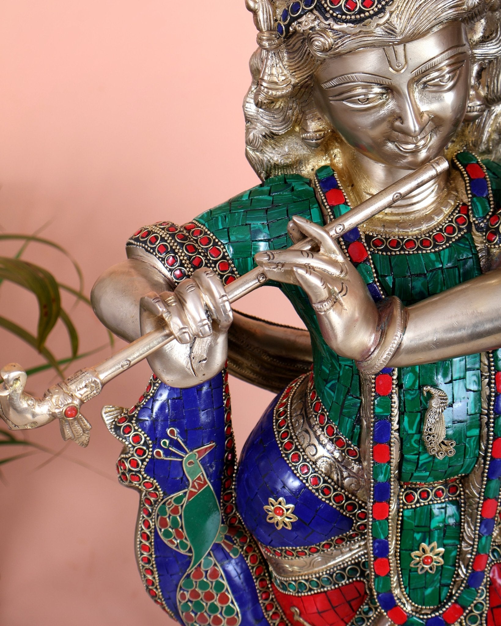 Superfine Brass Radha Krishna statues with Meenakari Stonework 27" - Budhshiv.com