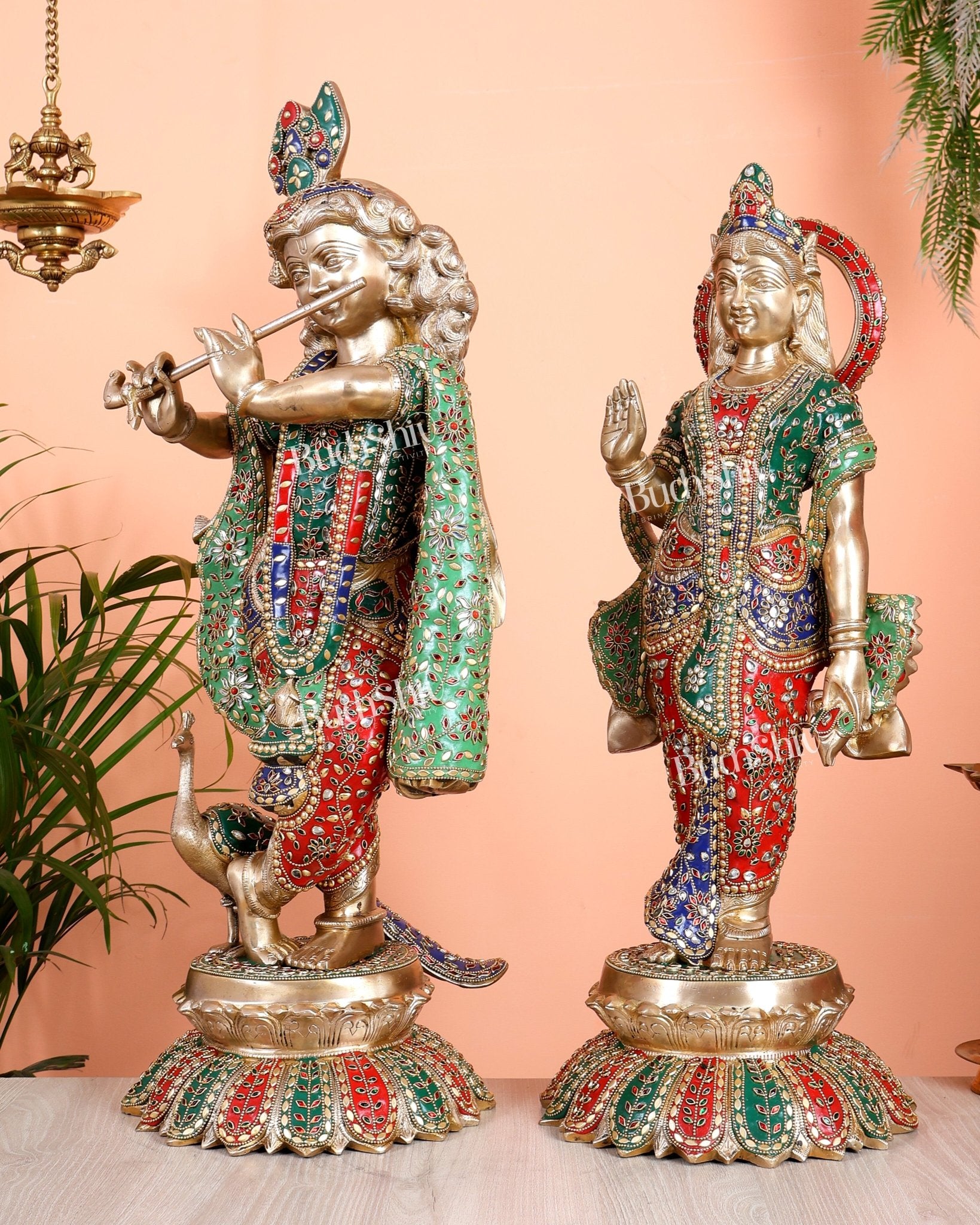 Superfine Brass Radha Krishna statues with Meenakari Stonework 27" - Budhshiv.com