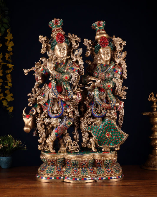 Superfine Brass Radha Krishna with cow Idol 29" - Budhshiv.com