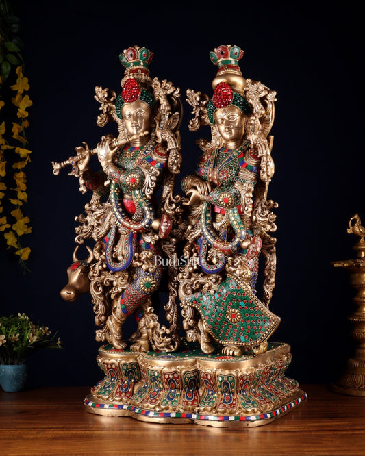 Superfine Brass Radha Krishna with cow Idol 29" - Budhshiv.com