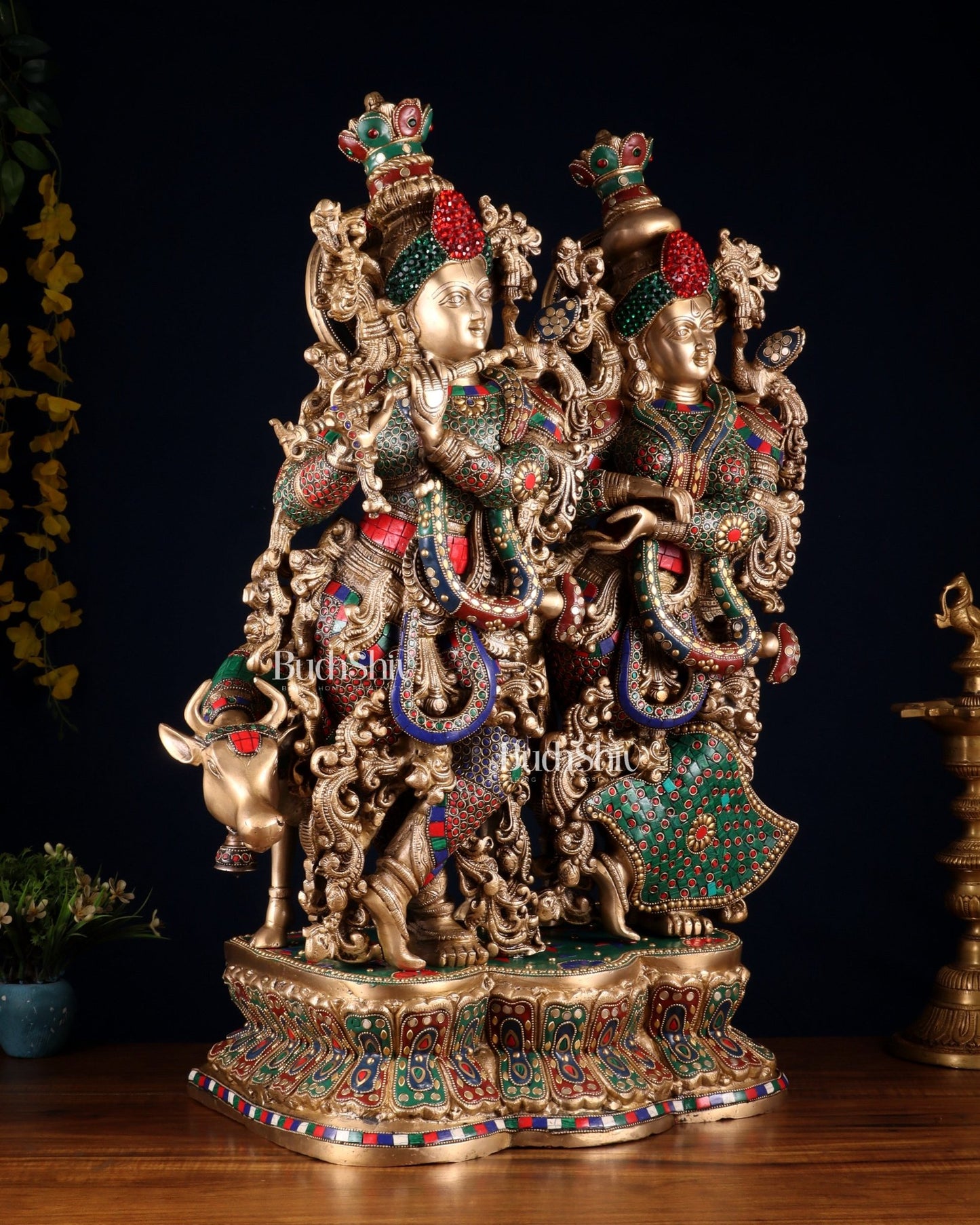 Superfine Brass Radha Krishna with cow Idol 29" - Budhshiv.com