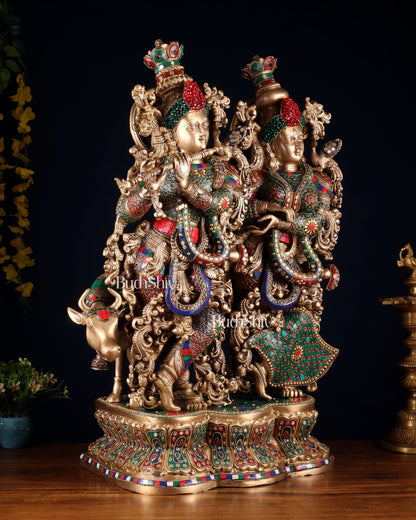 Superfine Brass Radha Krishna with cow Idol 29" - Budhshiv.com
