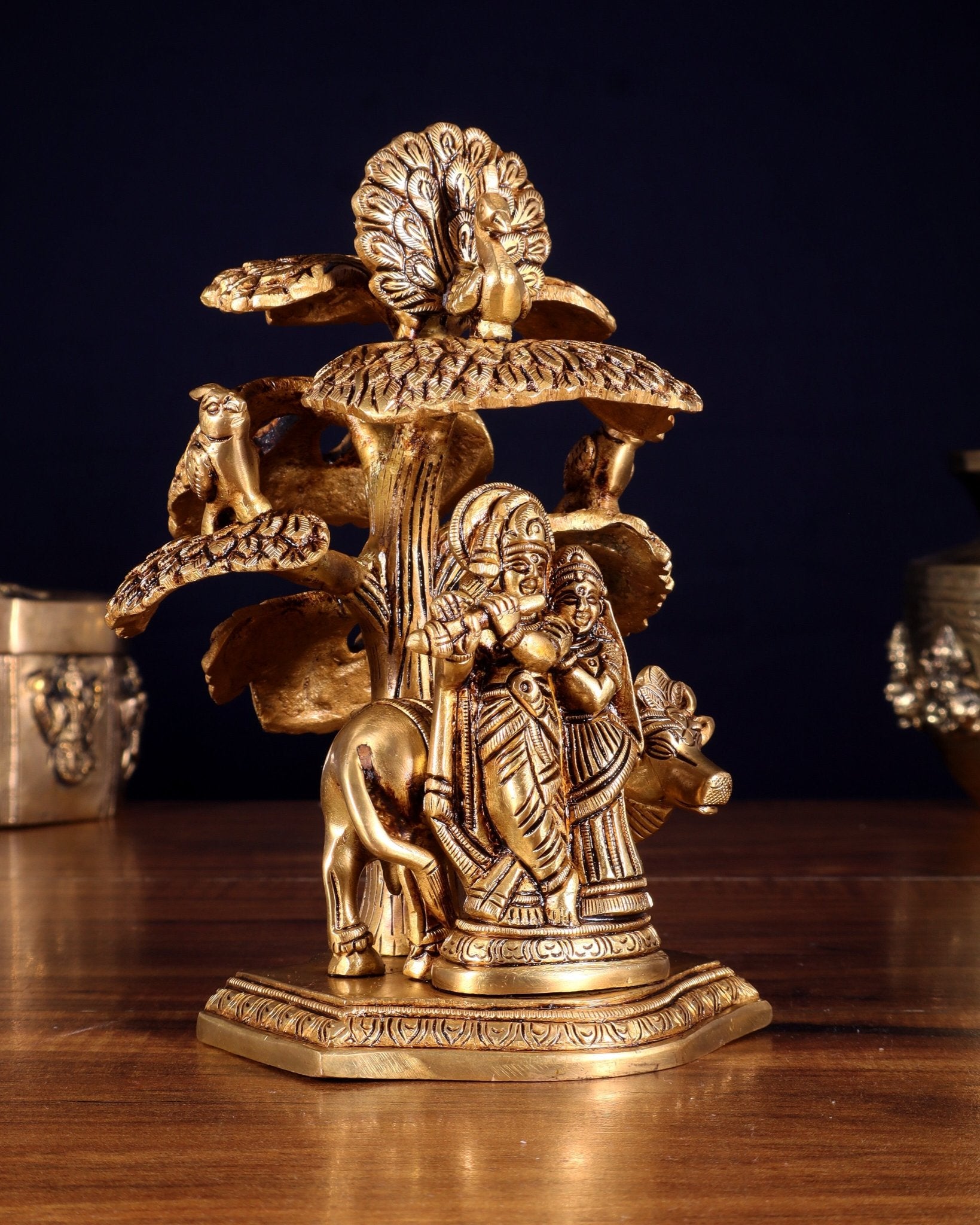 Superfine Brass Radha Krishna with Cow Under Tree Idol - 7" Height - Budhshiv.com