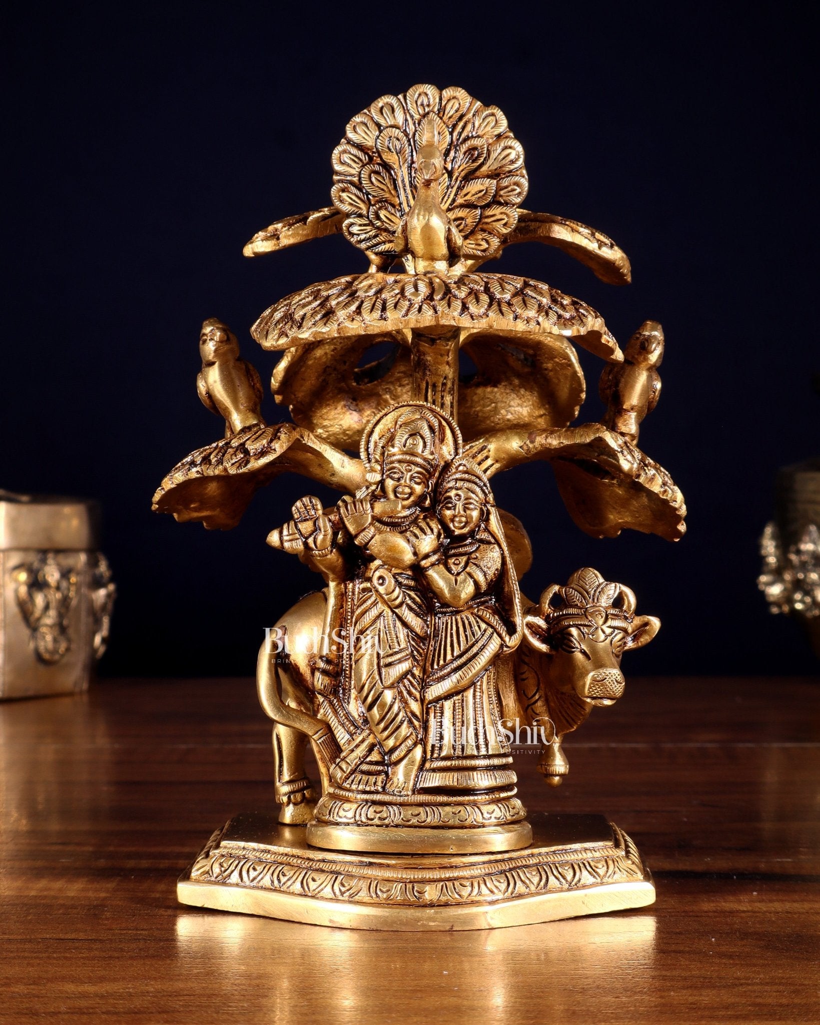Superfine Brass Radha Krishna with Cow Under Tree Idol - 7" Height - Budhshiv.com