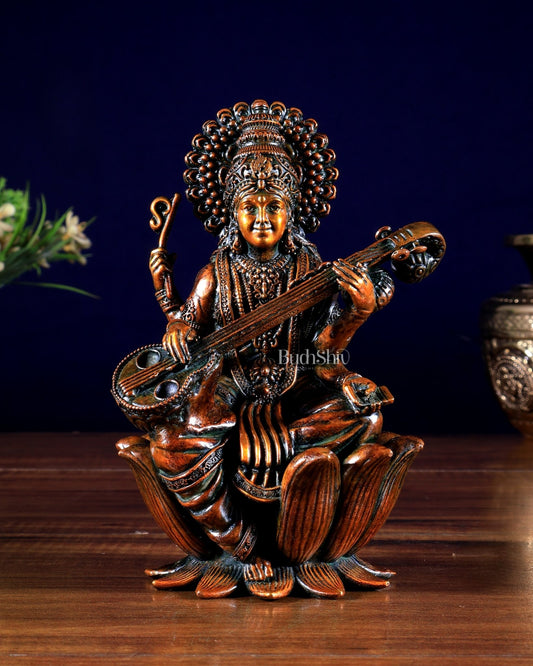 Superfine Brass Saraswati Idol - 6" Tall brown tone - Budhshiv.com