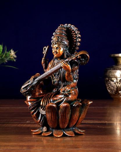 Superfine Brass Saraswati Idol - 6" Tall brown tone - Budhshiv.com