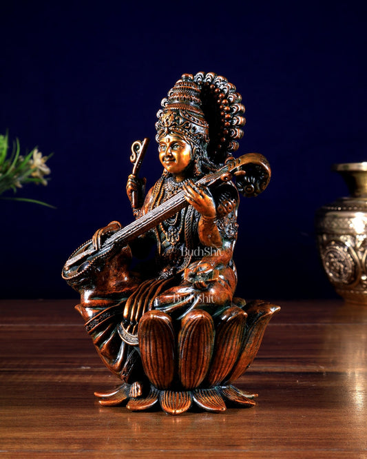 Superfine Brass Saraswati Idol - 6" Tall brown tone - Budhshiv.com