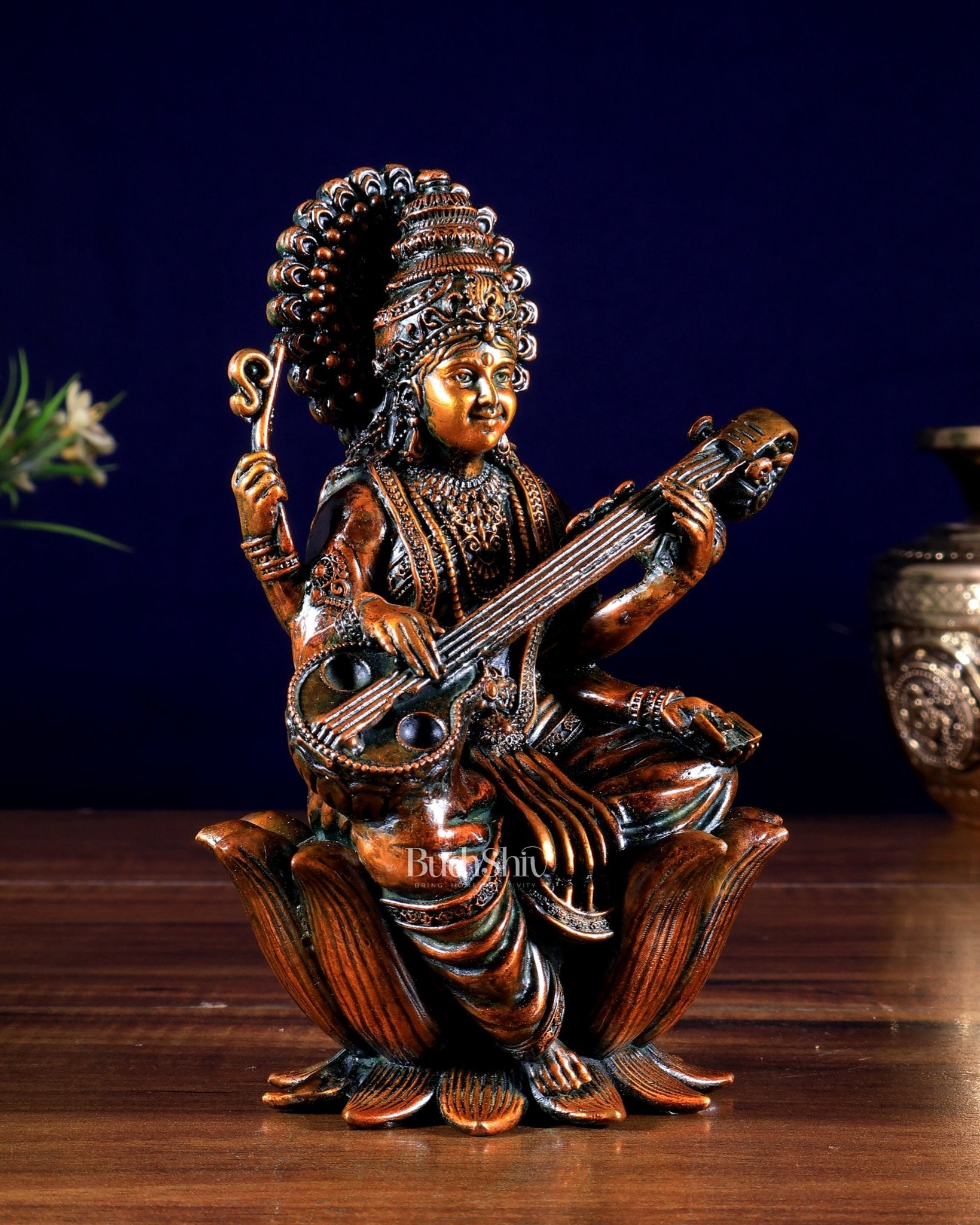 Superfine Brass Saraswati Idol - 6" Tall brown tone - Budhshiv.com