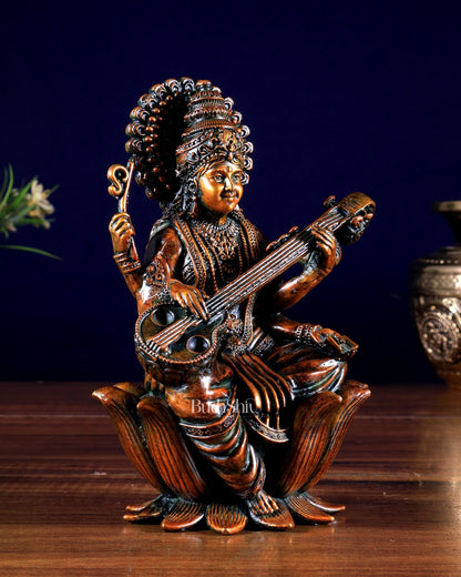 Superfine Brass Saraswati Idol - 6" Tall brown tone - Budhshiv.com