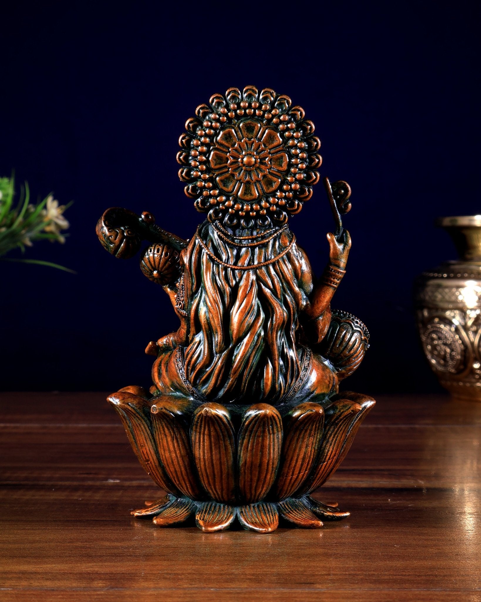 Superfine Brass Saraswati Idol - 6" Tall brown tone - Budhshiv.com