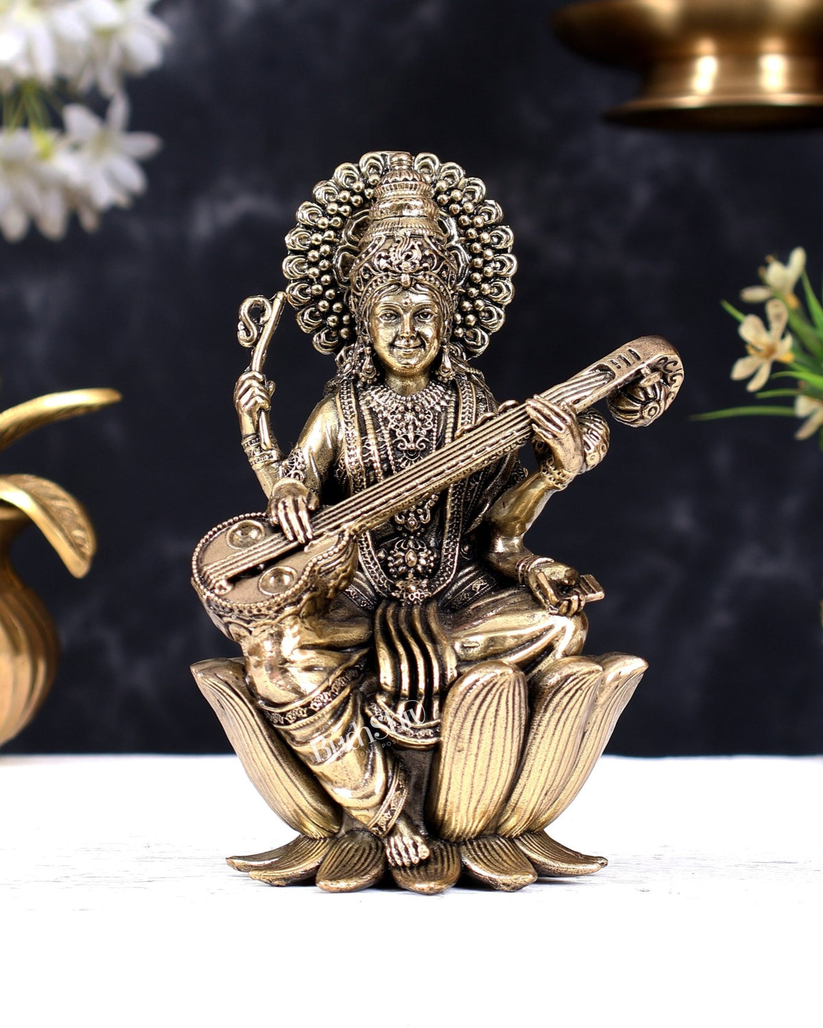 Superfine Brass Saraswati Idol - 6" Tall, Intricate Detailing - Budhshiv.com