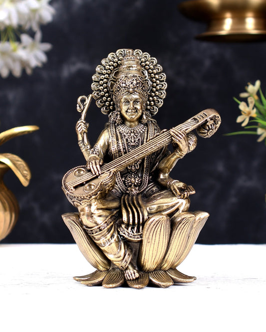 Superfine Brass Saraswati Idol - 6" Tall, Intricate Detailing - Budhshiv.com