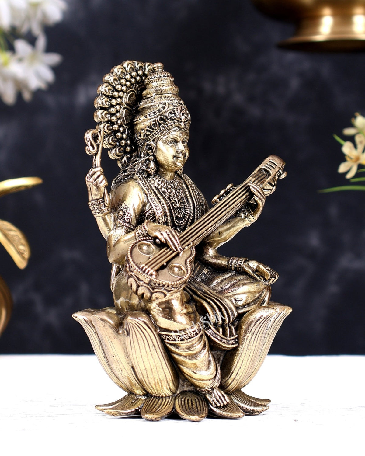 Superfine Brass Saraswati Idol - 6" Tall, Intricate Detailing - Budhshiv.com