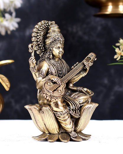 Superfine Brass Saraswati Idol - 6" Tall, Intricate Detailing - Budhshiv.com