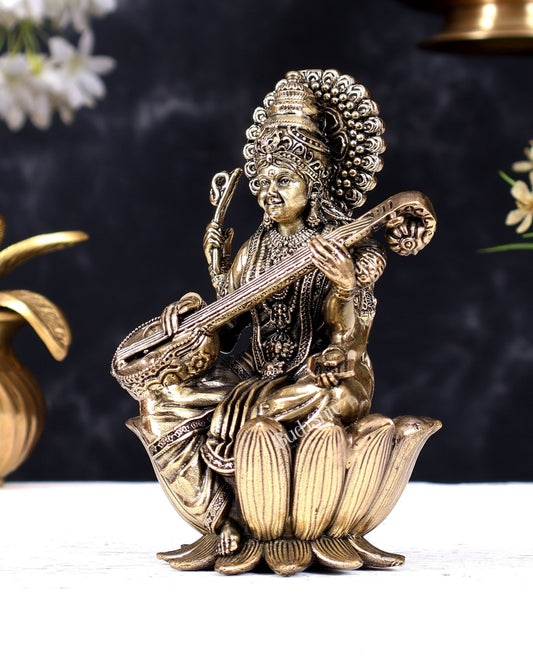 Superfine Brass Saraswati Idol - 6" Tall, Intricate Detailing - Budhshiv.com