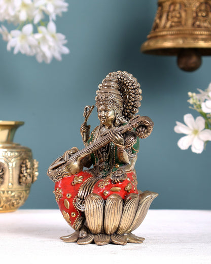 Superfine Brass Saraswati Idol - 6" Tall meenakari - Budhshiv.com