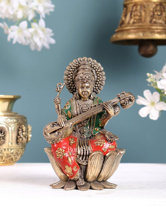 Superfine Brass Saraswati Idol - 6" Tall meenakari - Budhshiv.com