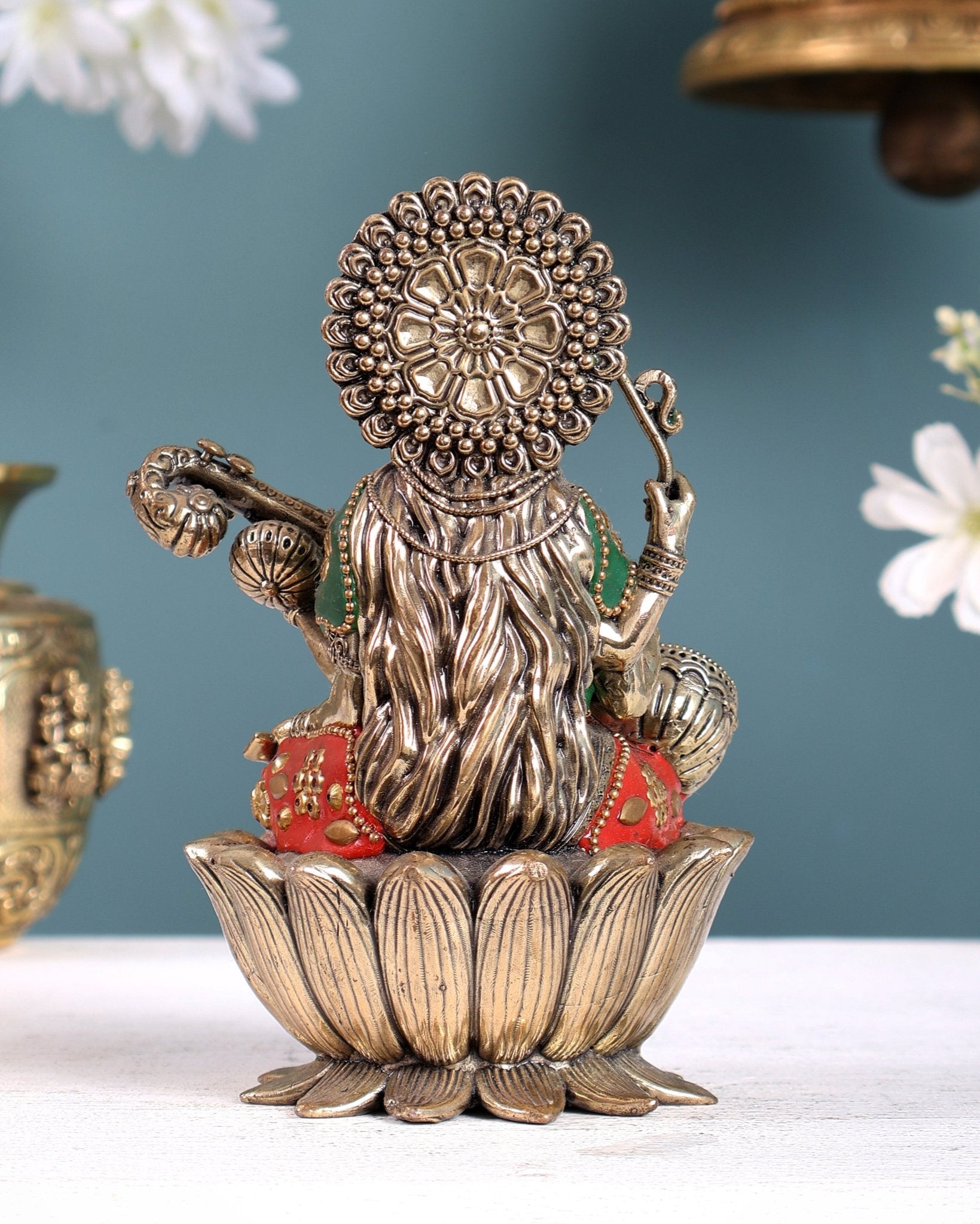 Superfine Brass Saraswati Idol - 6" Tall meenakari - Budhshiv.com