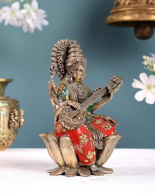 Superfine Brass Saraswati Idol - 6" Tall meenakari - Budhshiv.com