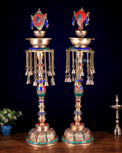 Superfine Brass Shankh Chakra Oil Lamps - Pair 30 inch - Budhshiv.com