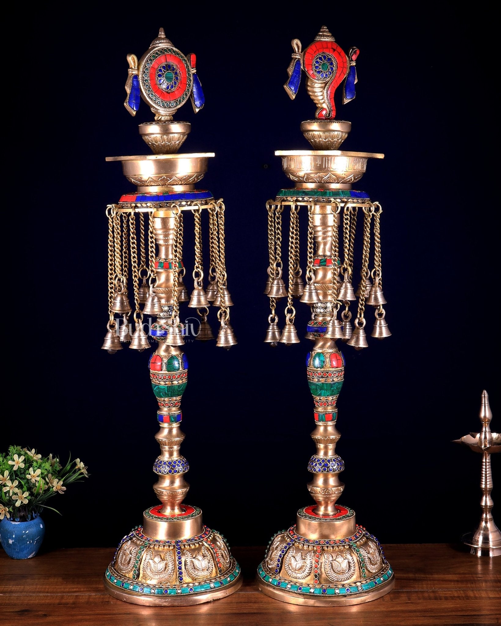 Superfine Brass Shankh Chakra Oil Lamps - Pair 30 inch - Budhshiv.com