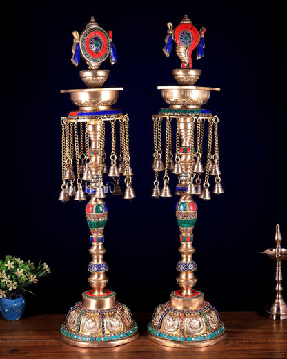 Superfine Brass Shankh Chakra Oil Lamps - Pair 30 inch - Budhshiv.com