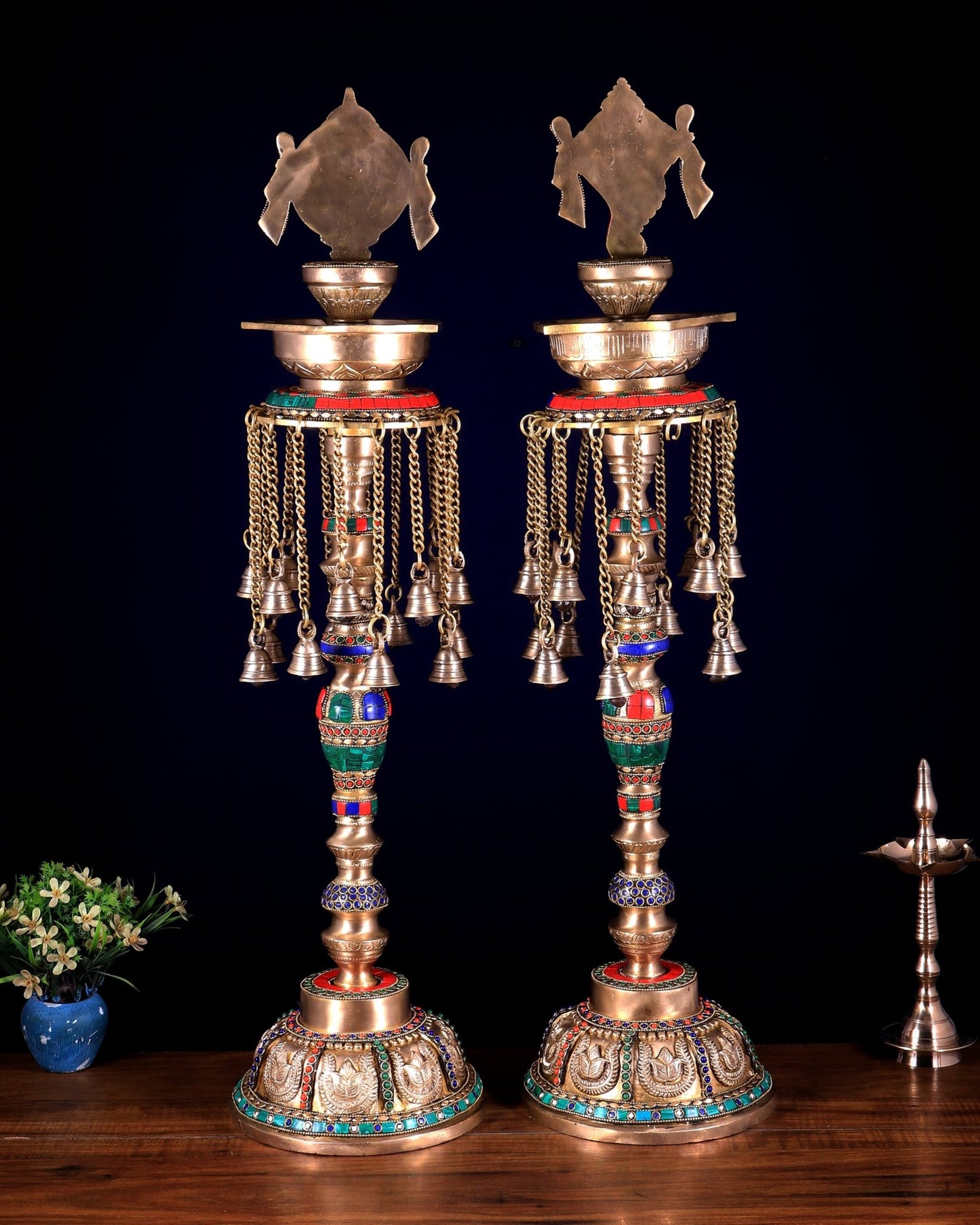 Superfine Brass Shankh Chakra Oil Lamps - Pair 30 inch - Budhshiv.com