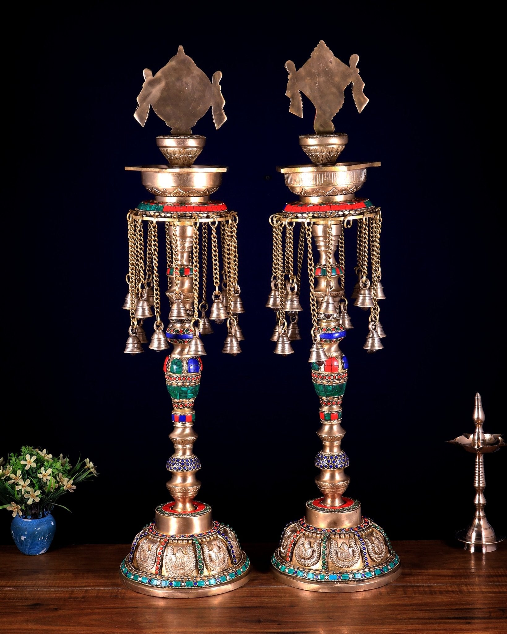 Superfine Brass Shankh Chakra Oil Lamps - Pair 30 inch - Budhshiv.com
