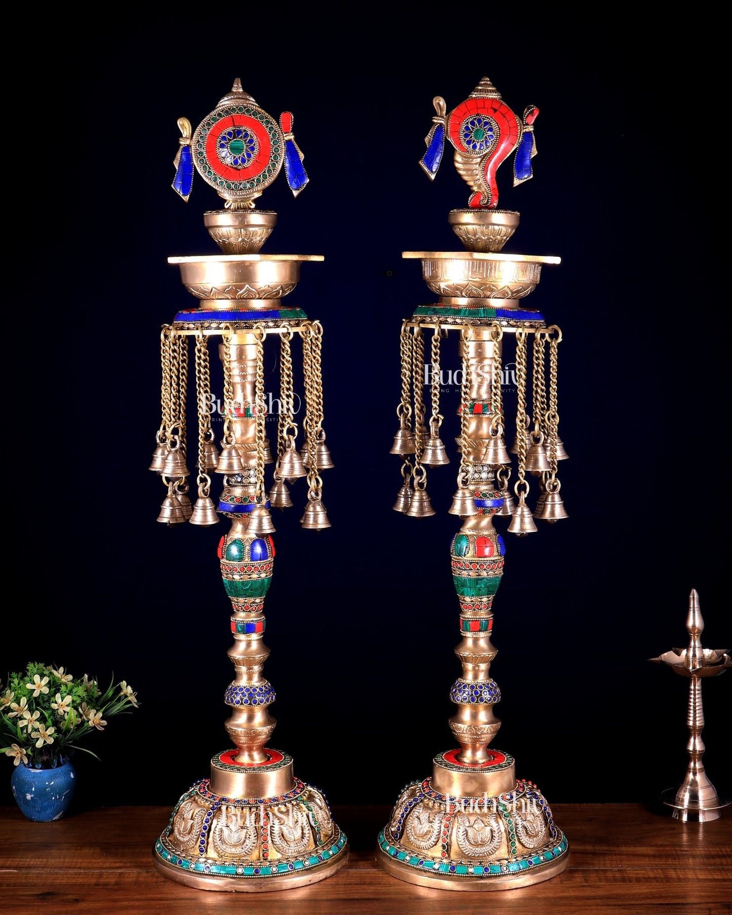 Superfine Brass Shankh Chakra Oil Lamps - Pair 30 inch - Budhshiv.com
