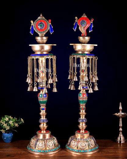 Superfine Brass Shankh Chakra Oil Lamps - Pair 30 inch - Budhshiv.com